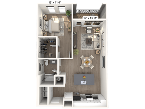 Floor plan for 1 bed, 1 bath, 855 sqft